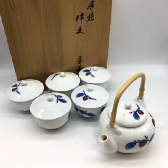 ★人間国宝 十四代酒井田柿右衛門作 染錦柿文茶器 共箱 煎茶道具  食器